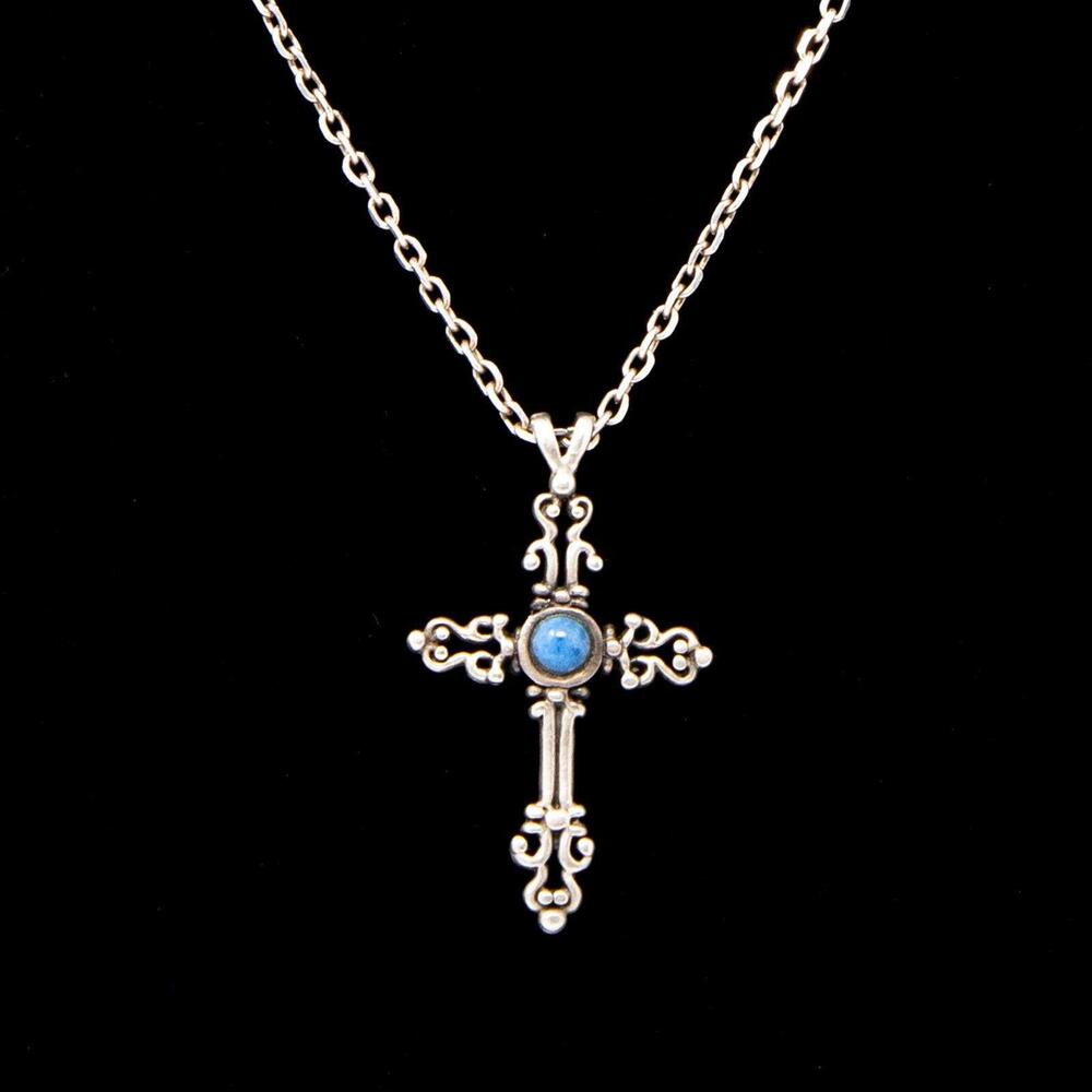 Vintage Silver 925 Filigree Cross Blue Stone Sterling Silver 16" Chain